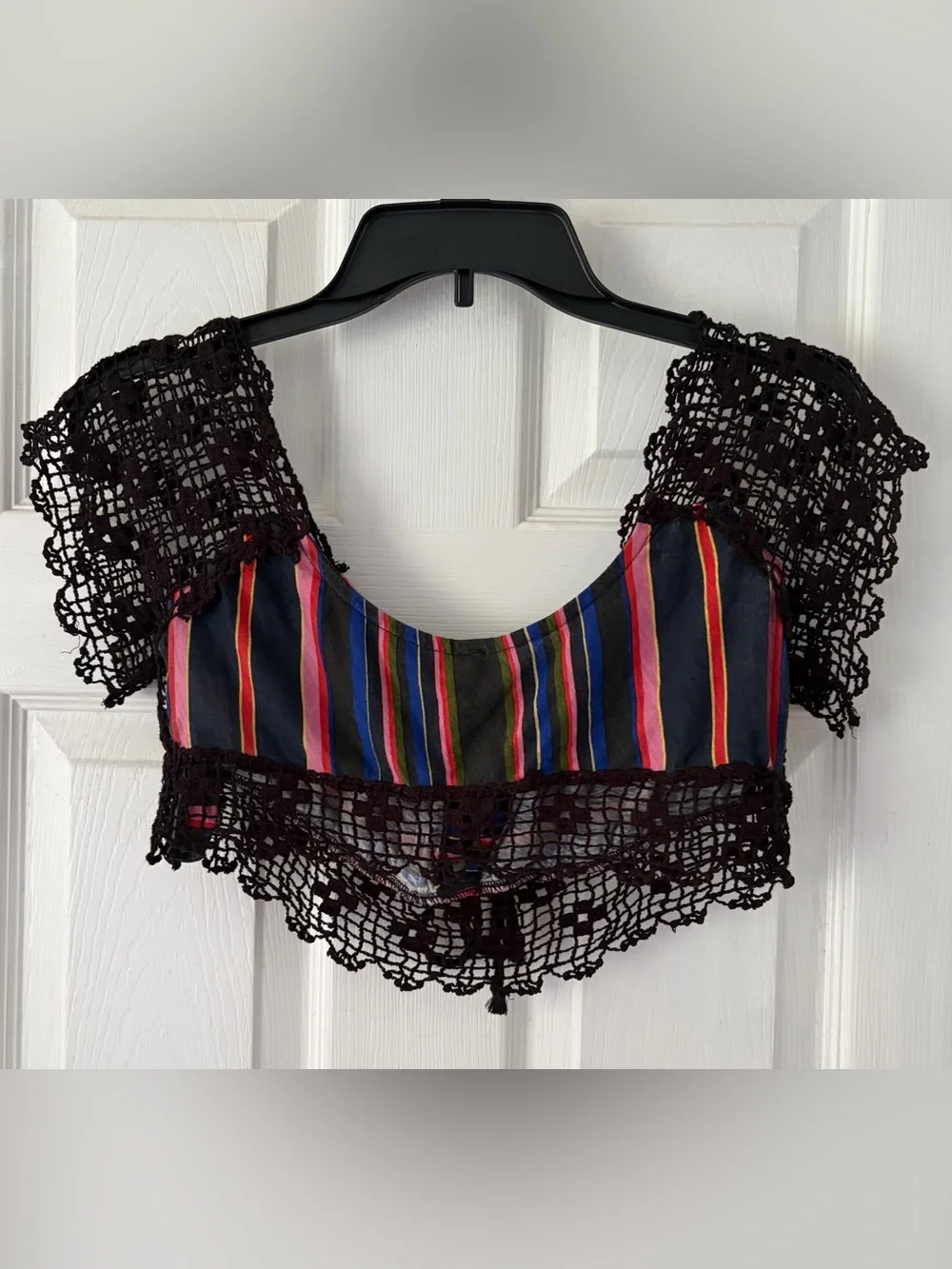 Free People Black Crochet-Trim Striped Crop Top